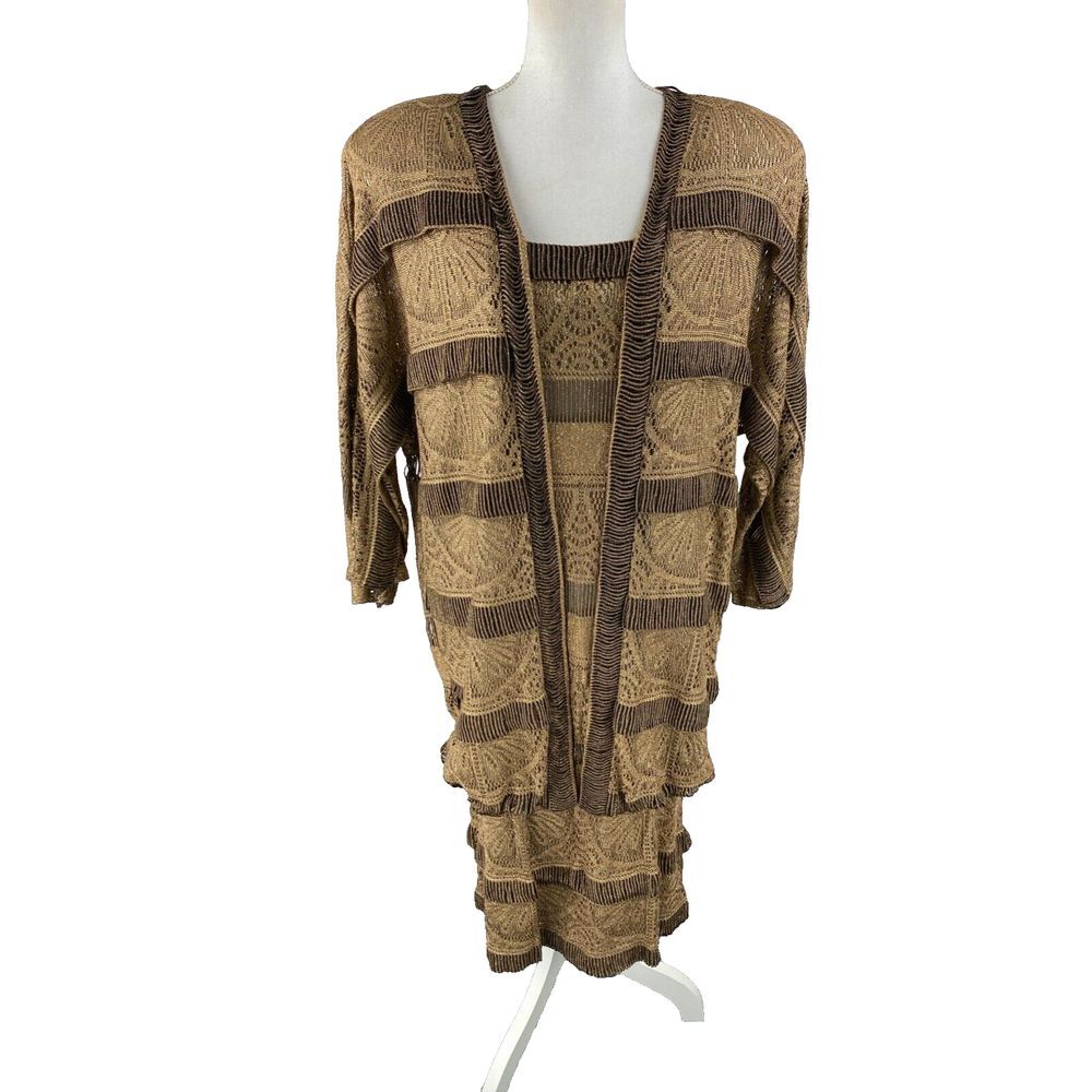 Damianou Dress Vtg 70s Gatsby Drop Waist Midi Metallic Blouson‎ Long Sleeve M